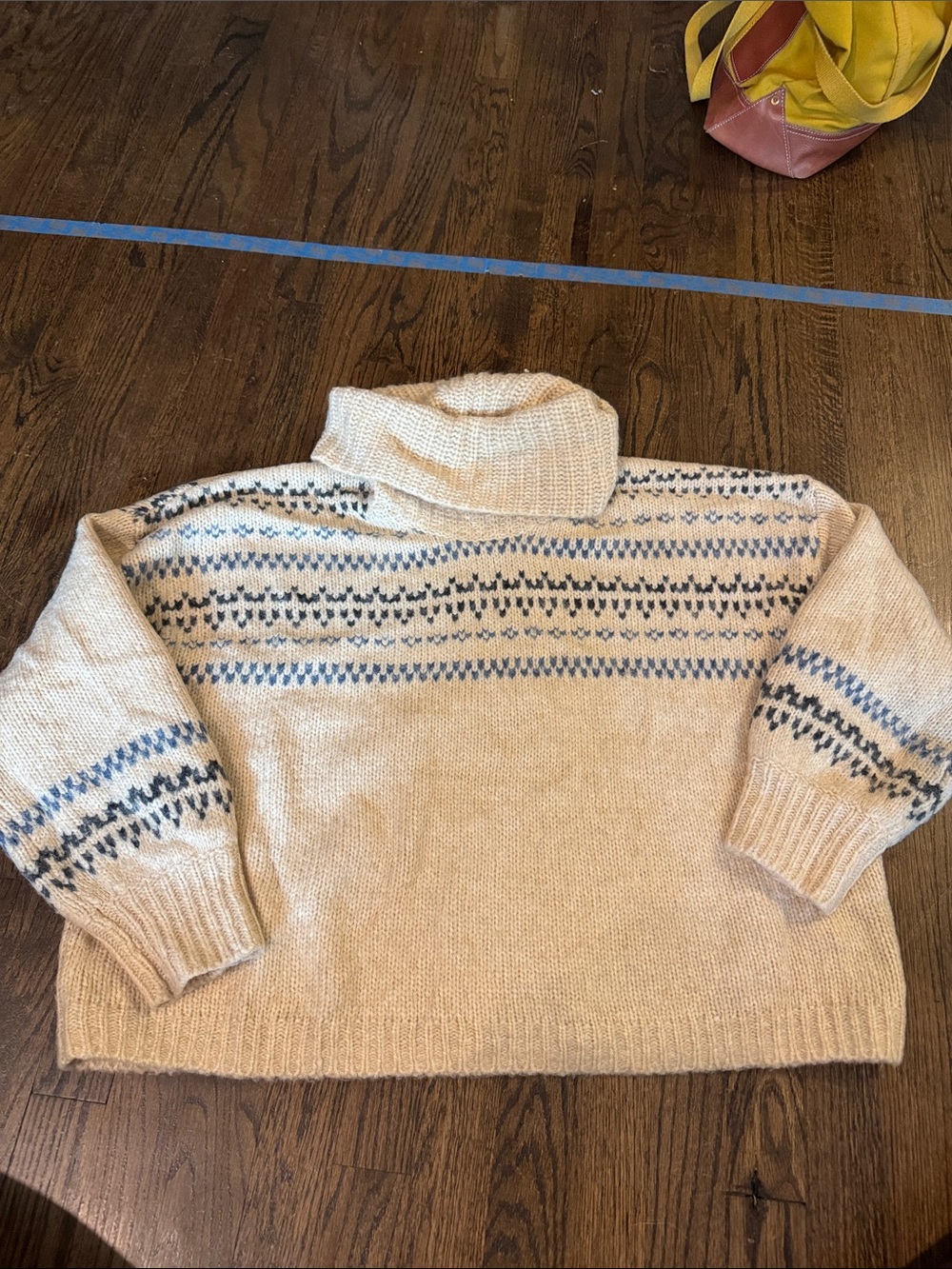 Madewell Women’s Cream Turtleneck Sweater with Blue Fair Isle Pattern